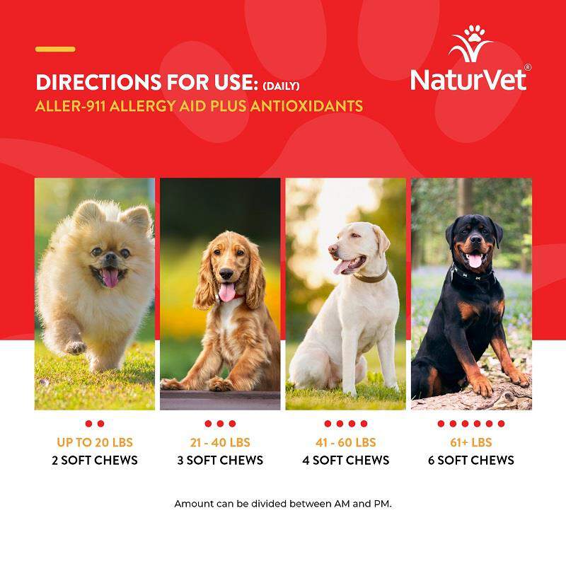Aller-911 Allergy Aid Plus Antioxidants Comprimés Tendres Pour Chiens Et Chats NaturVet, 180 unités