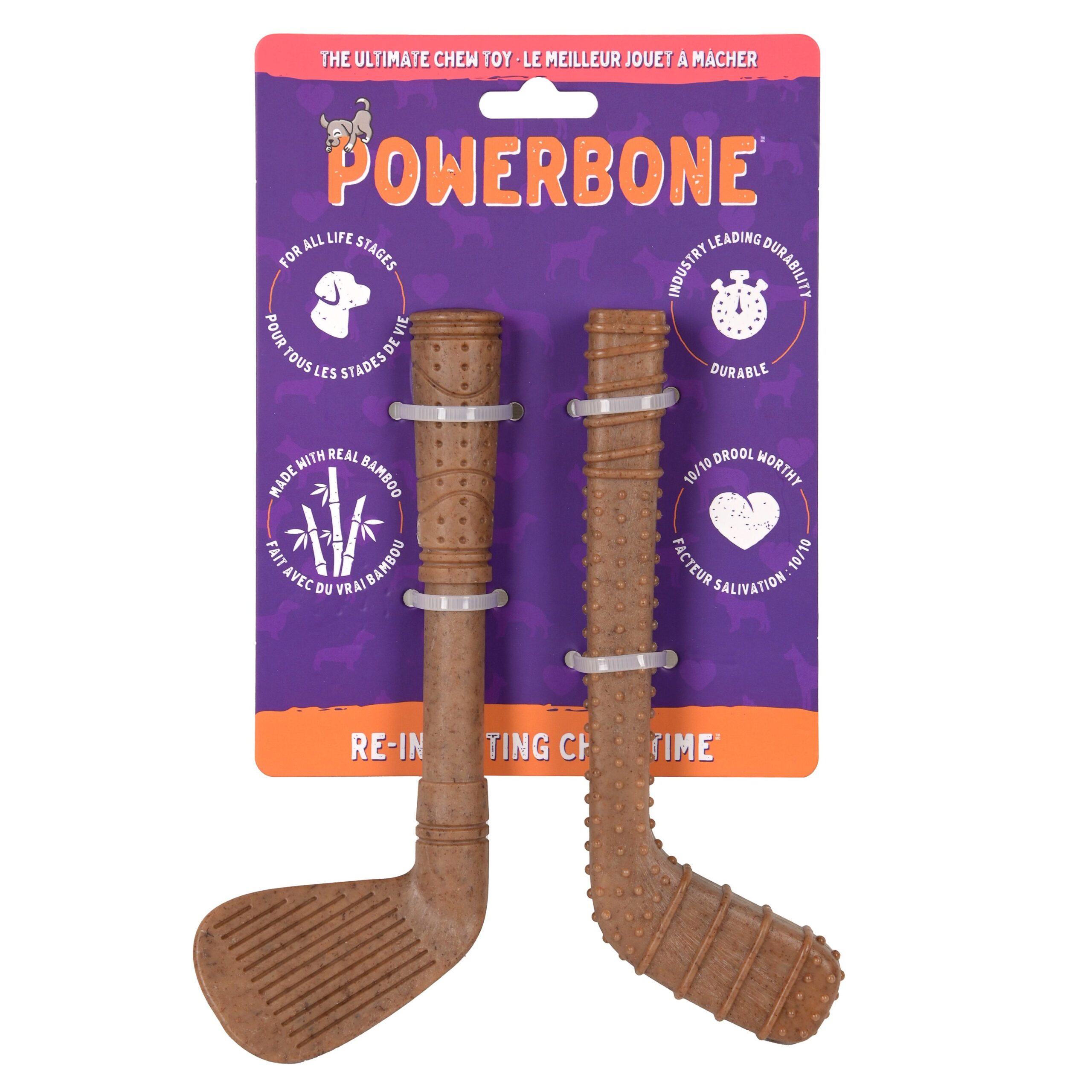 Powerbone Jouet à Mâcher Pour Chien, Nylon & Bambou - Duo Mini Bâtons De Golf Et De Hockey 7"